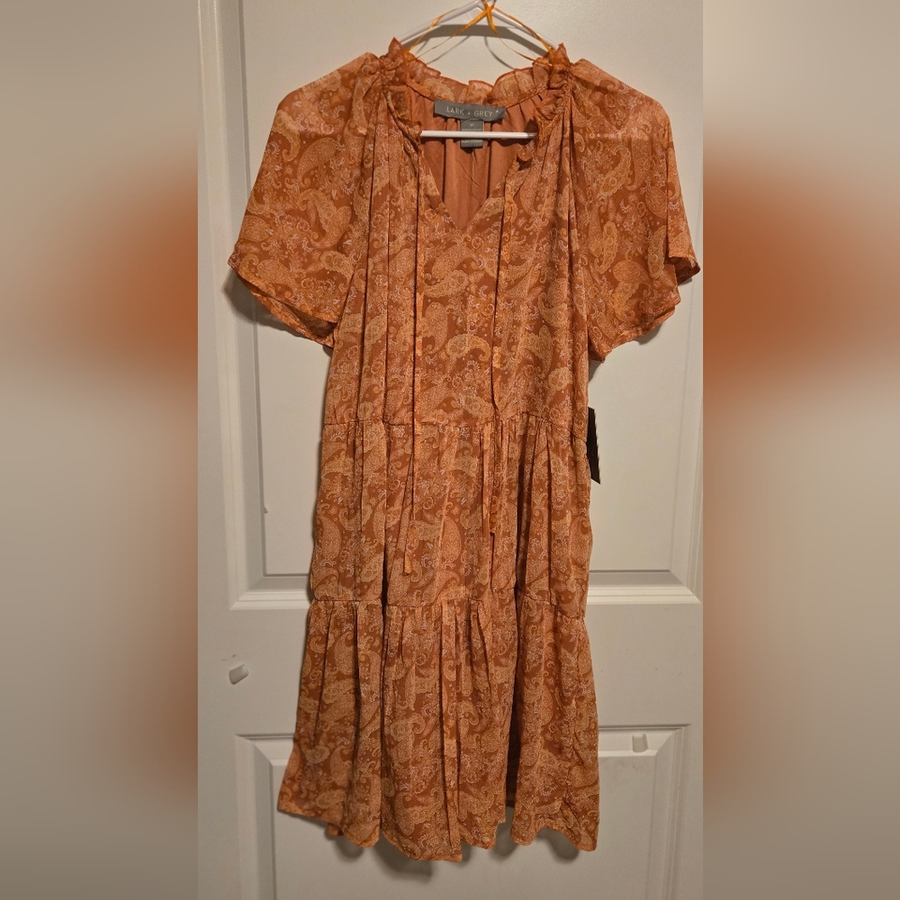 Lark +Grey Orange Tiered Mini Midi Dress with Flutter Sleeves